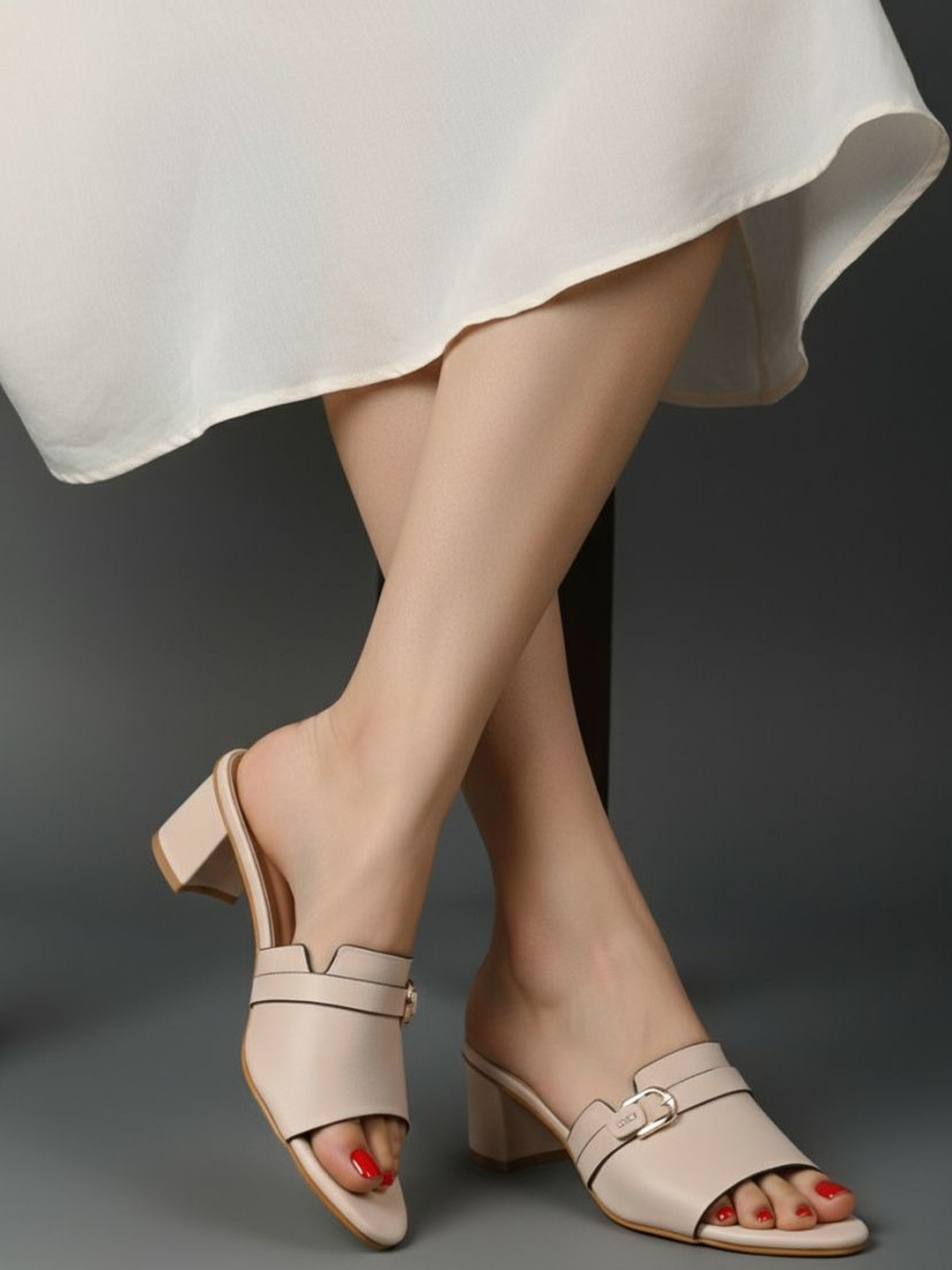 LYDC Women PU Block Heel Mules with Buckle Detail