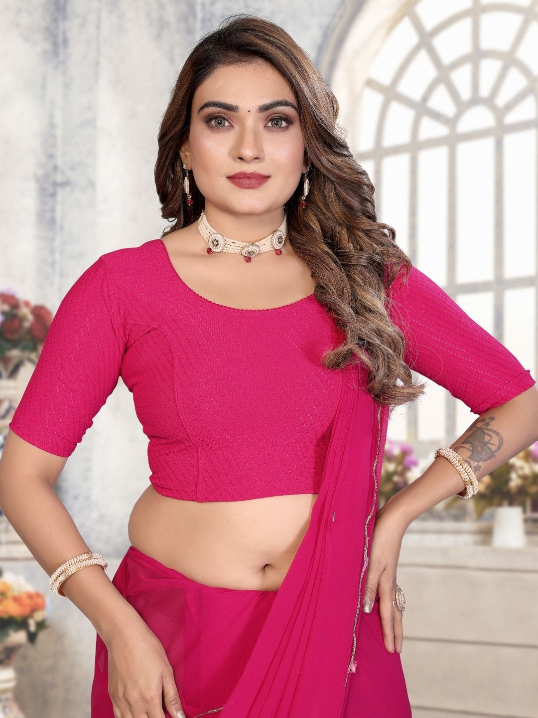 B.TEX FASHION Embroidered Round Neck Saree Blouse