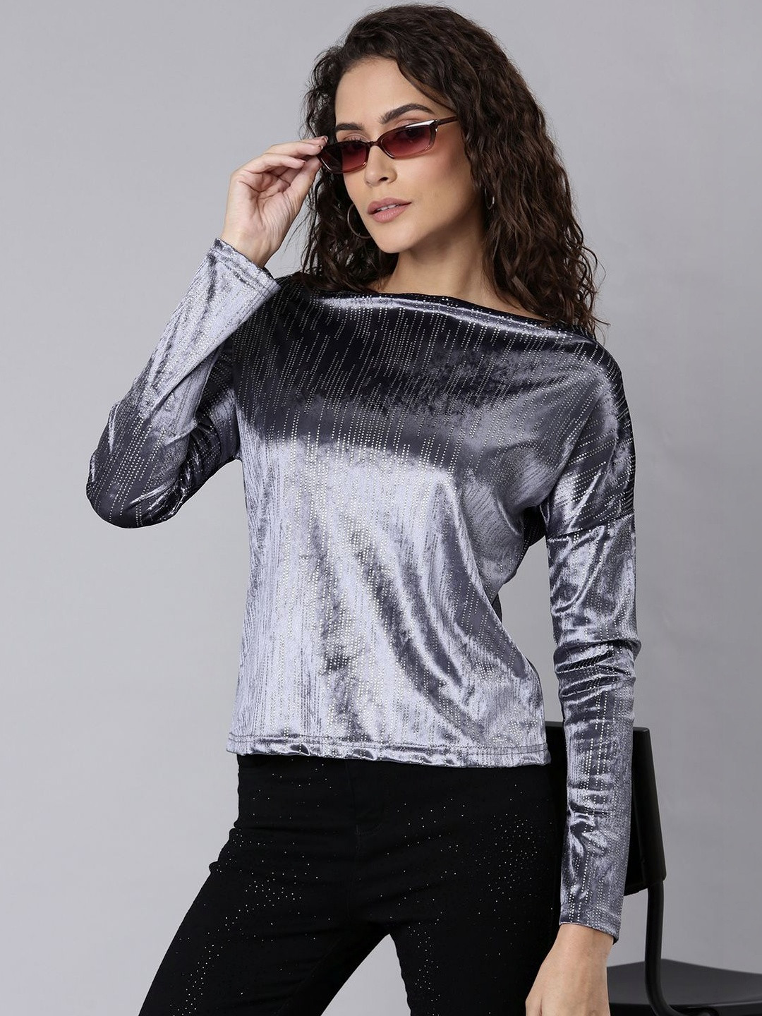 SHOWOFFFF Polka Dot Print Velvet Top