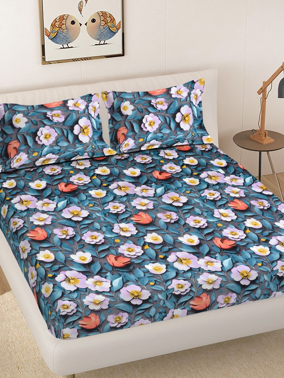 FABINALIV Blue Floral 300 TC King Size 7D Bedsheet & 2 Pillow Covers