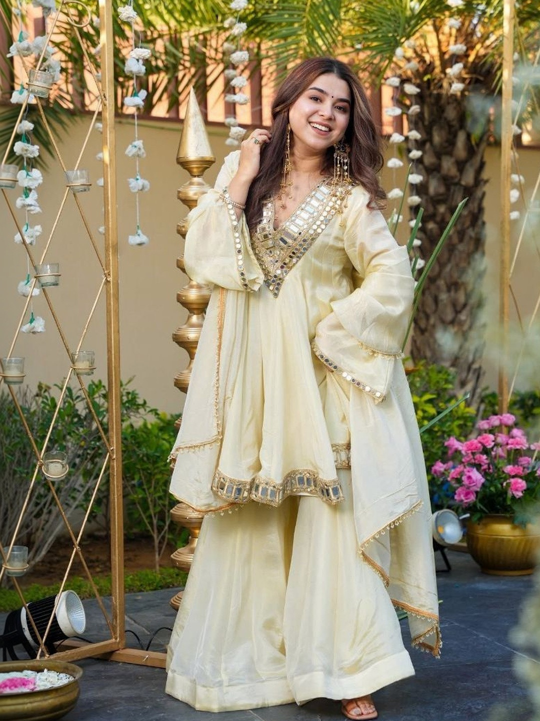SWORNY FASHION Women Pleated Mirror Work Kurta with Sharara & With Dupatta