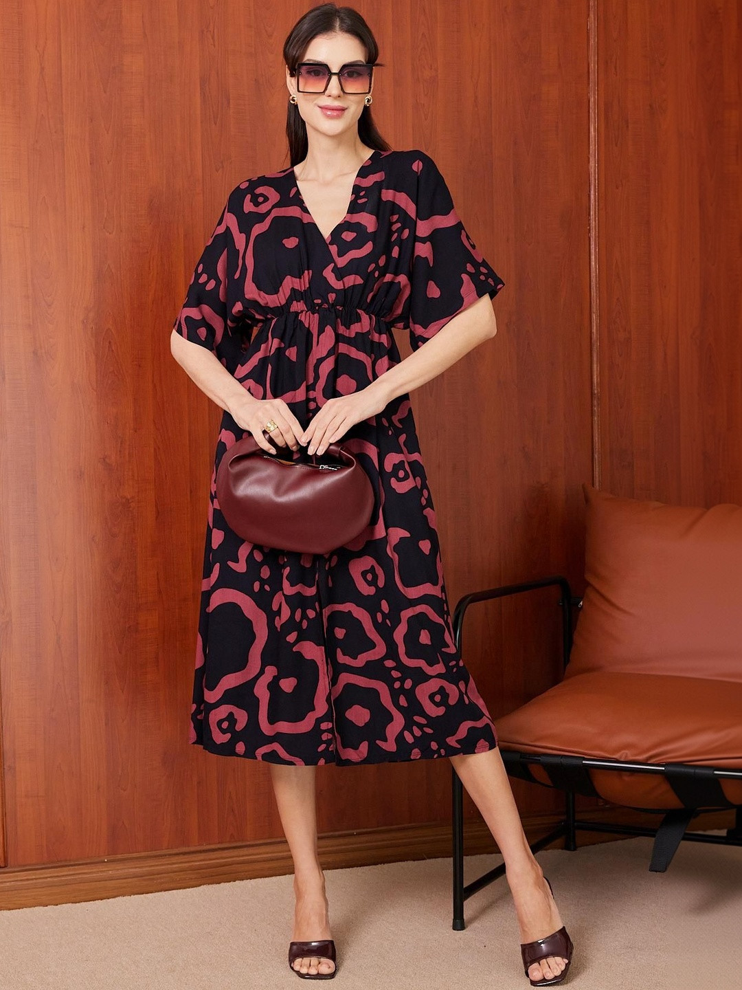 PIMU Print Kimono Sleeve Midi Dress