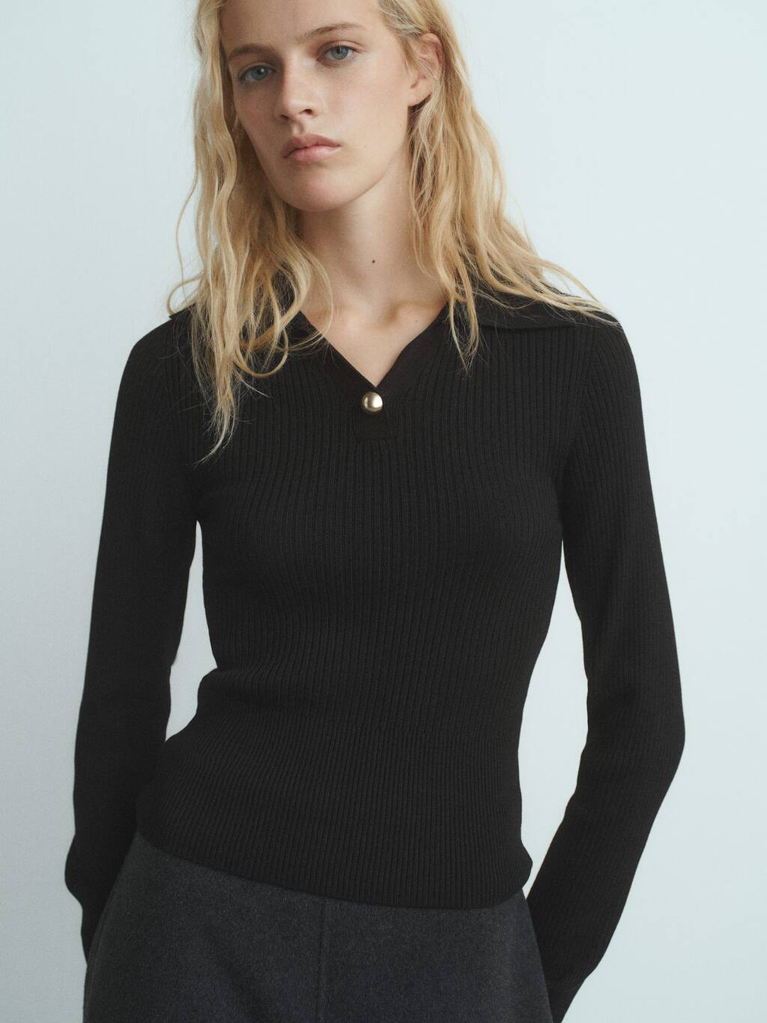 MANGO Ribbed Shirt Collar Pullover Sweater