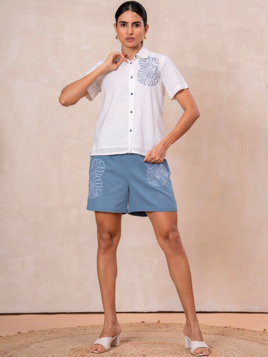 Zolo Label Embroidered Shirt Collar Shirt & Shorts Co-Ords
