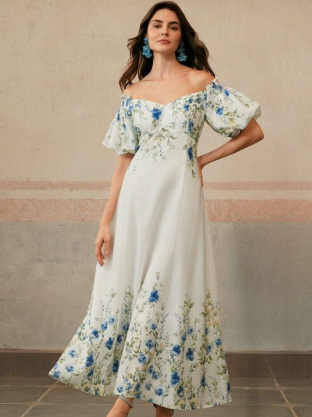 WomanLikeU Floral Printed Off-Shoulder Fit and Flare Cotton Dress