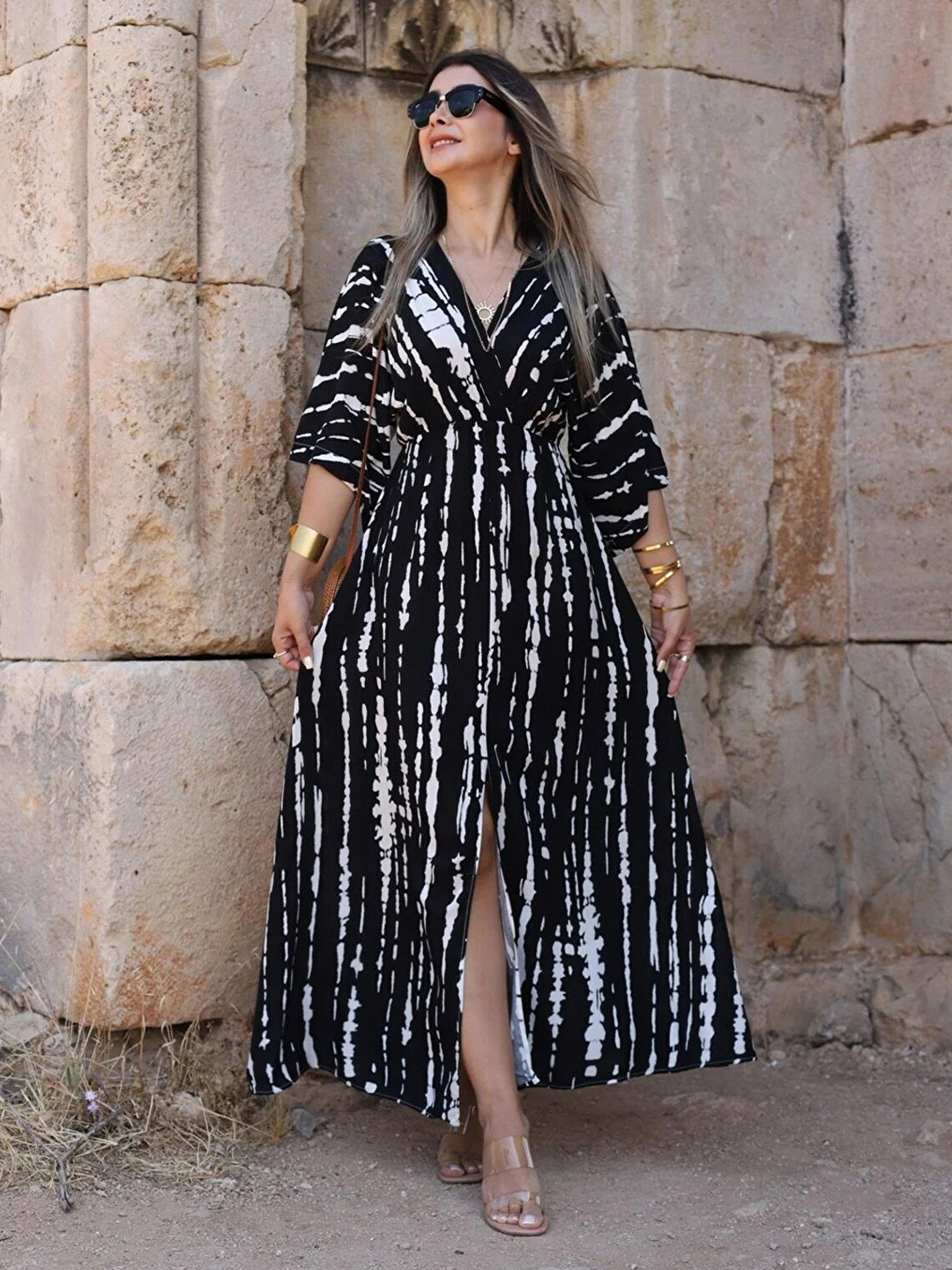 MANOJAVA Women's Tie and Dye Printed Liva Maxi Dress