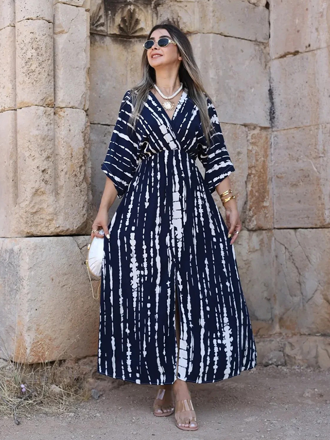 MANOJAVA Women Tie and Dye Dyed Kimono Sleeve Fit And Flare Maxi Dress