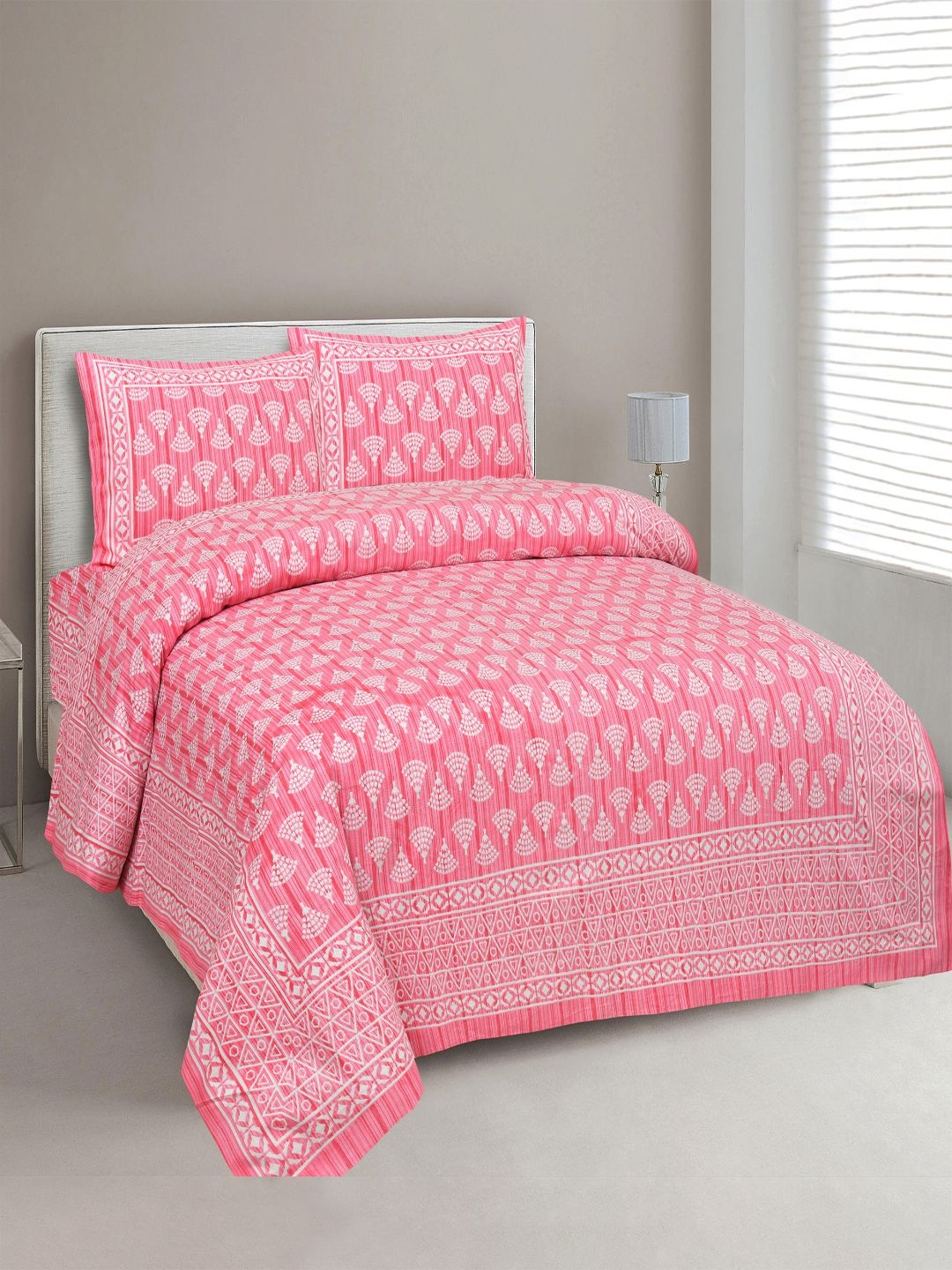 JAIPUR FABRIC Pink Geometric 180 TC King Bedsheet with 2 Pillow Covers
