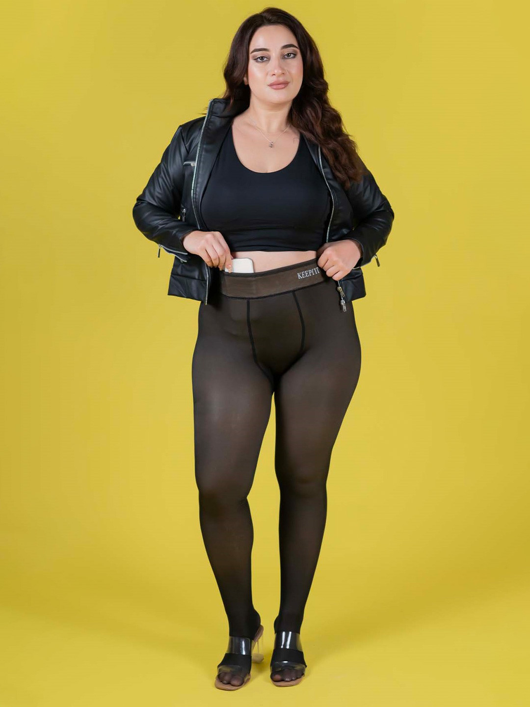 Keepfit Women High-Rise Dual Tone With Inner Pocket Thermal Fur Warm Stockings