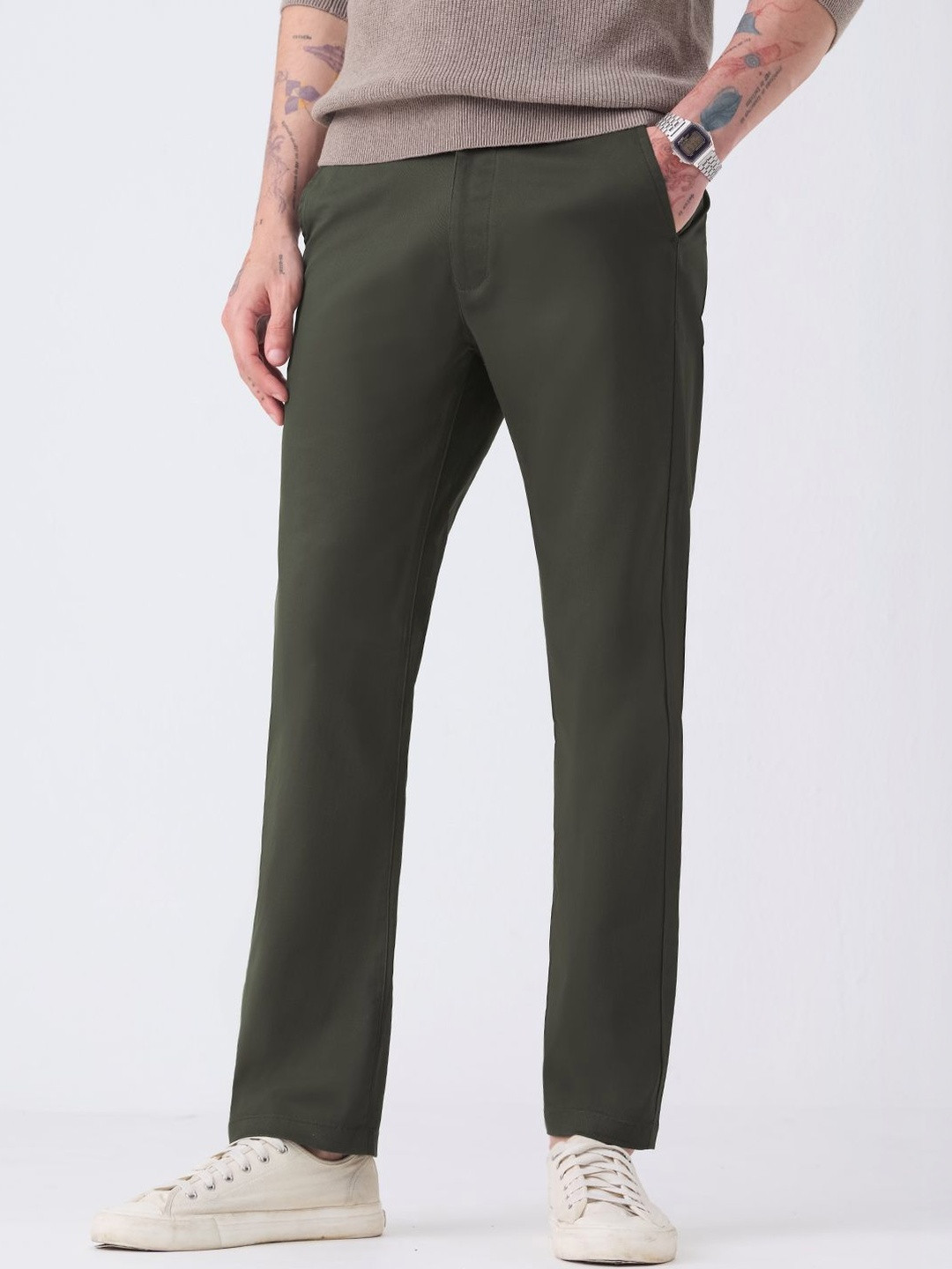 The Souled Store Men Slim Fit Solid Olive Chino Pants