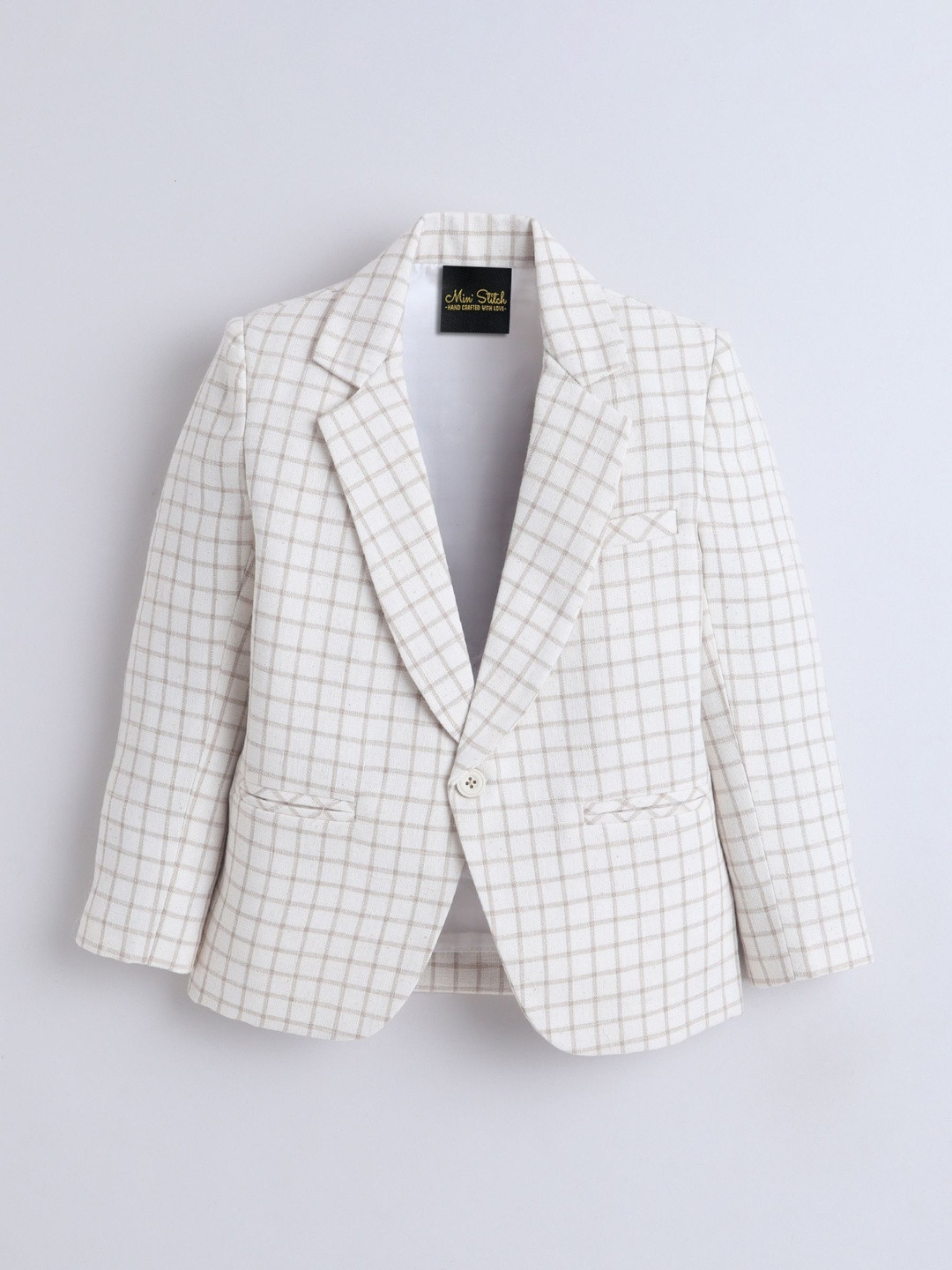 Ministitch Boys Cream Checked Single-Breasted Cotton Blazers