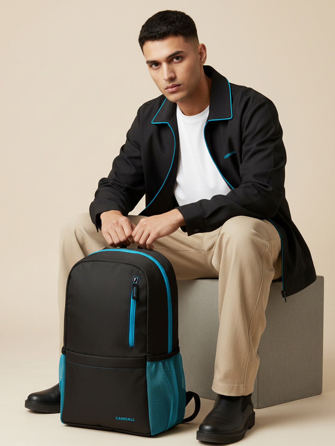 CARRIALL Unisex Black & Blue Backpack with Reflective Strip