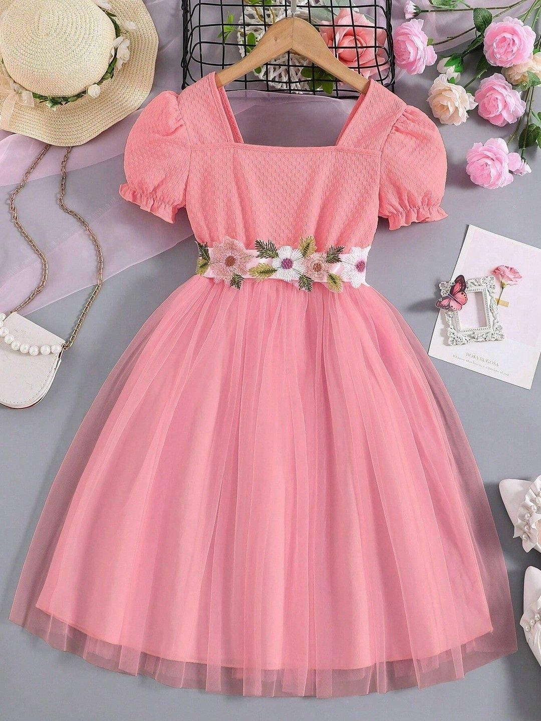 Miss & Chief Floral Embroidered Puff Sleeve Net A-Line Dress