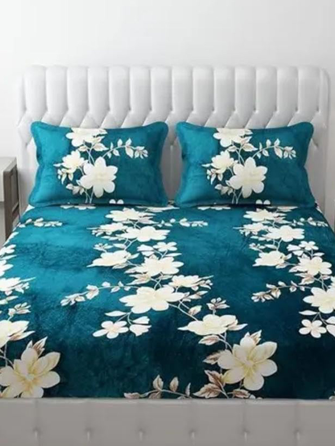 Homio Teal Floral 250 TC King Bedsheet with 2 Pillow Covers