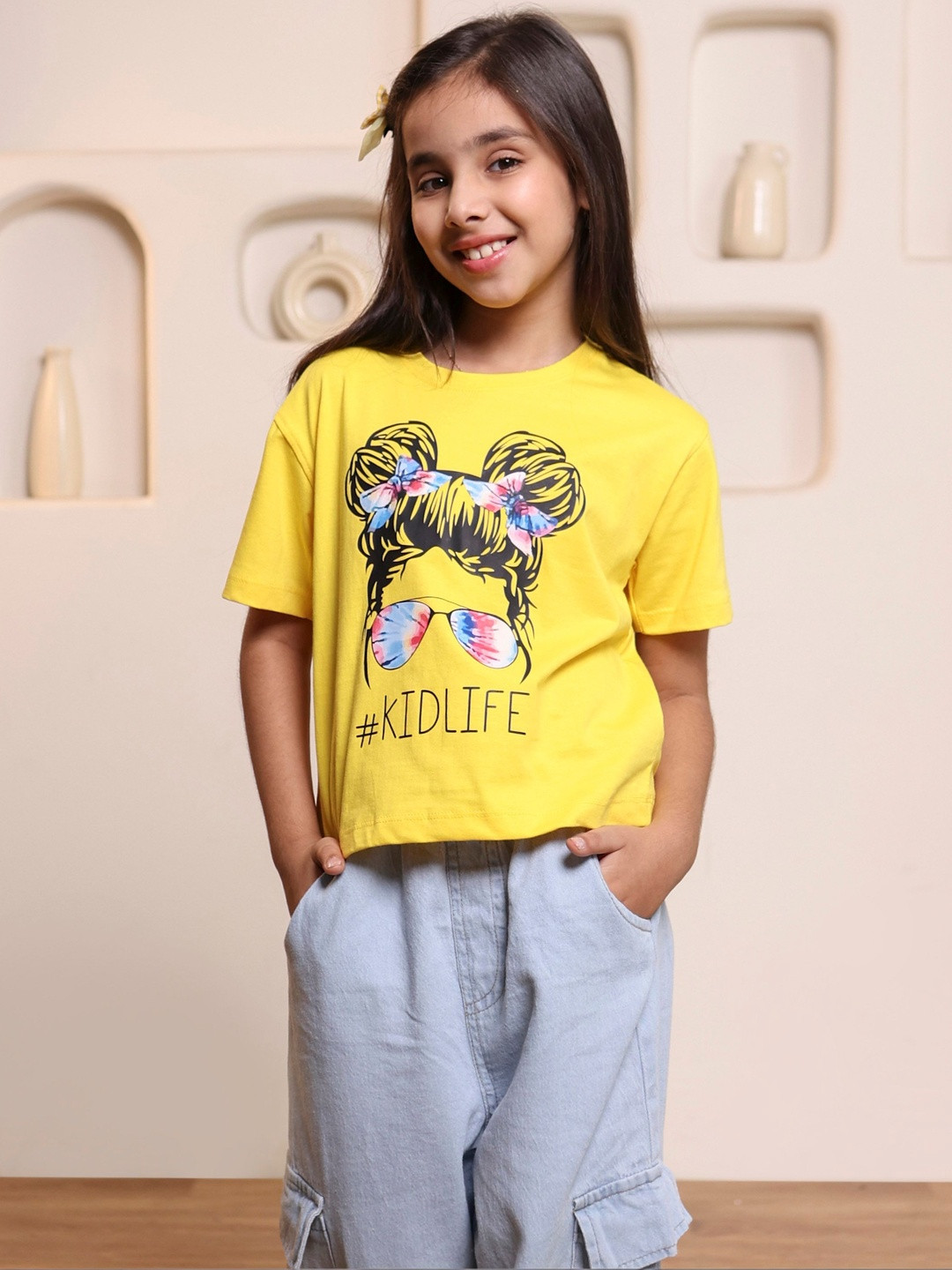 HERE&NOW Girls Printed T-Shirt With Light Blue Denim Cargo