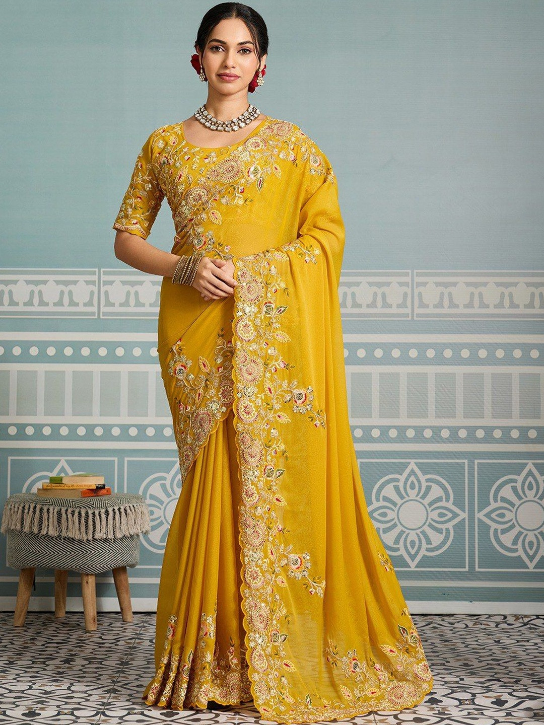 VenderVilla Floral Embroidered Pure Georgette Heavy Work Saree