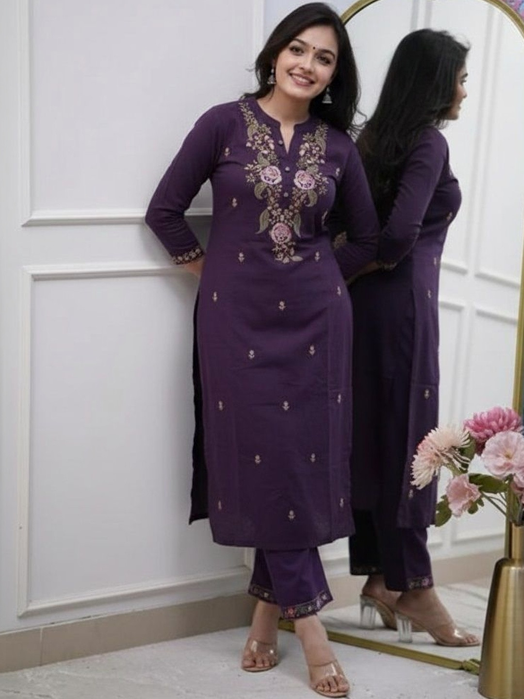 Fabinn Women Floral Embroidered Regular Thread Work Kurta with Trousers & With Dupatta