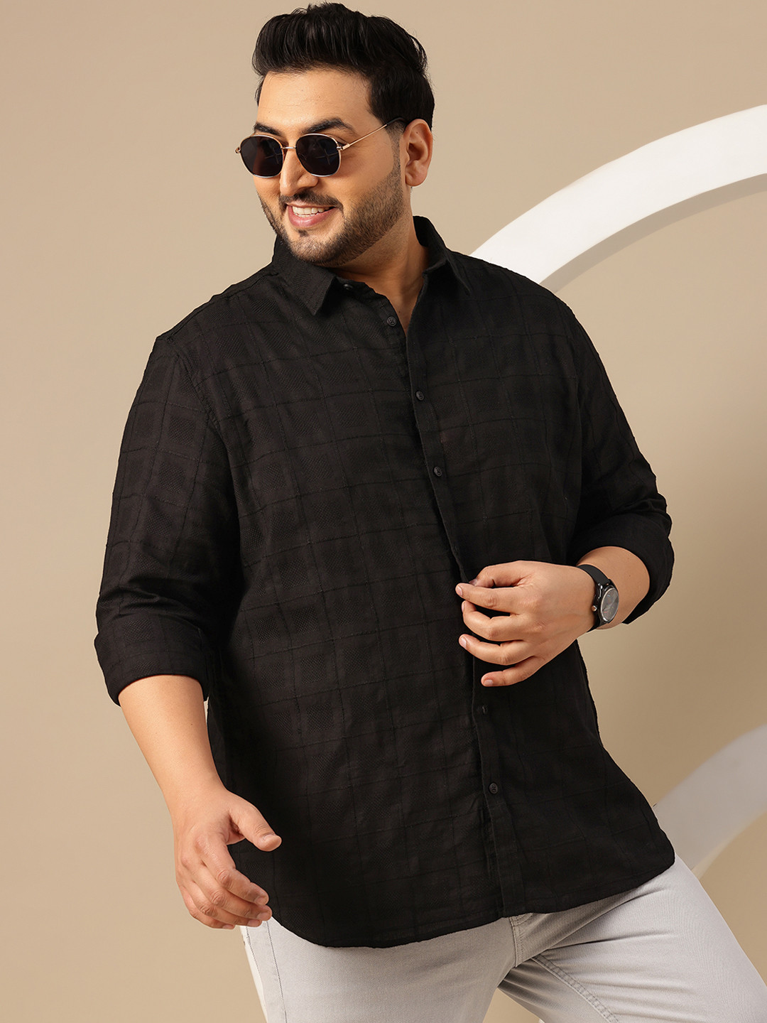 Sztori Plus Size Self-Checked Cotton Casual Shirt