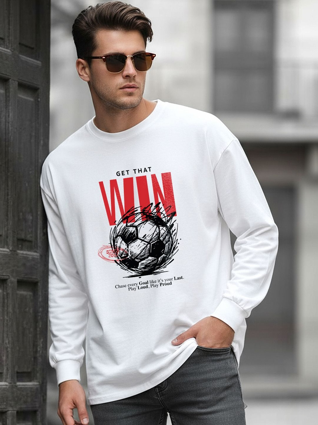 Bewakoof Men White Get That Win Graphic Printed Oversized T-shirt