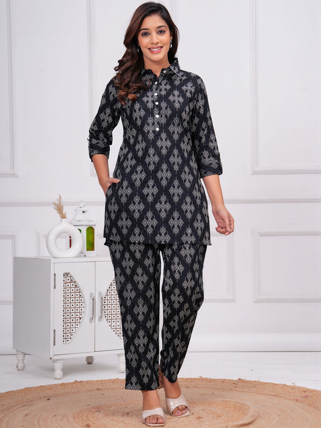 INVI Black & White Printed Shirt Collar Tunic & Trousers Co-Ords