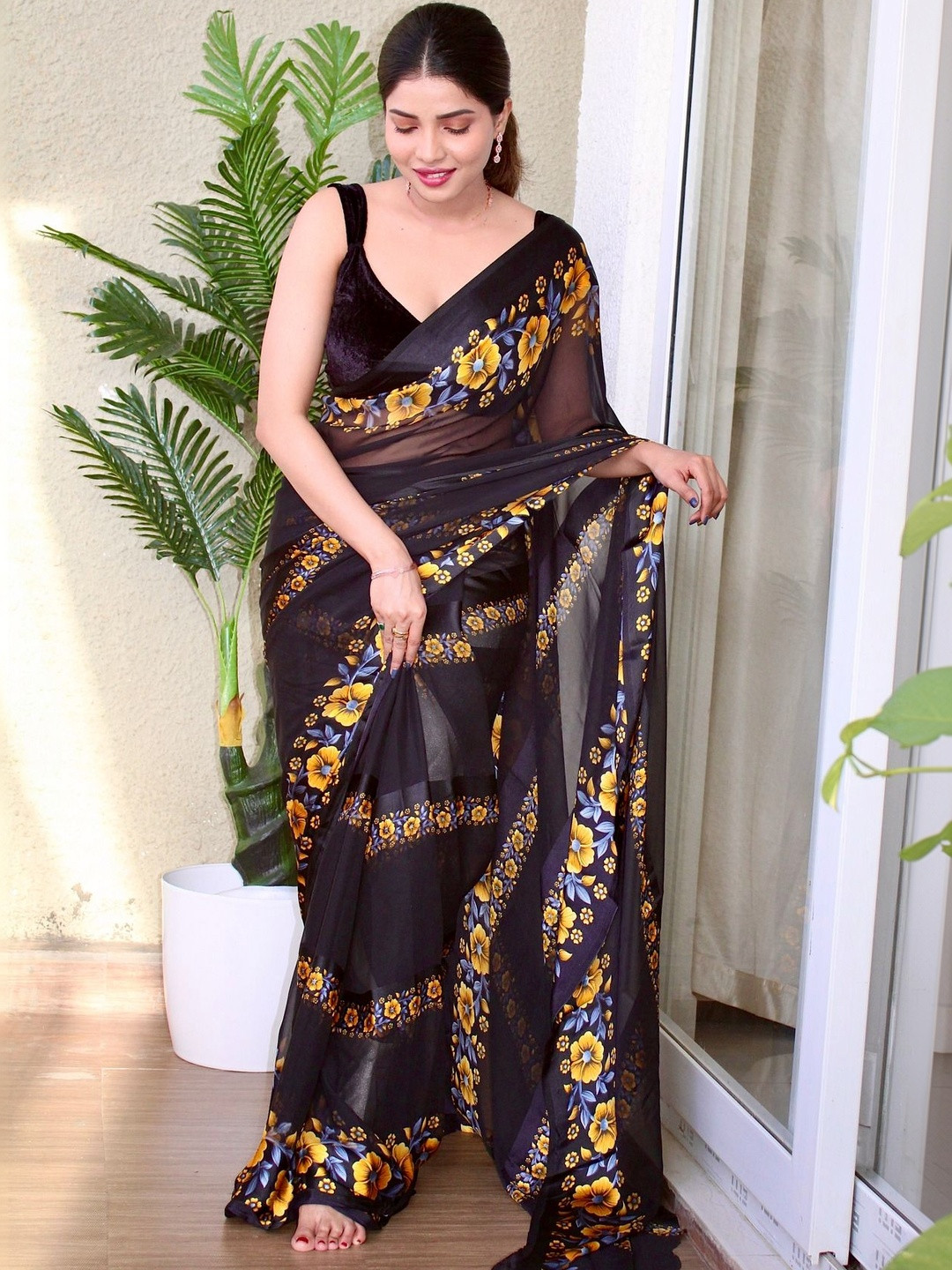 GHAN SALS Floral Pure Georgette Saree