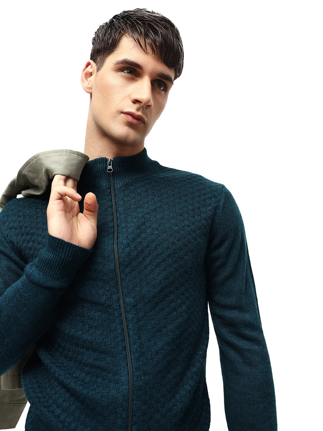 Dennis Lingo Geometric Self Design Mock Collar Acrylic Front Open Sweater