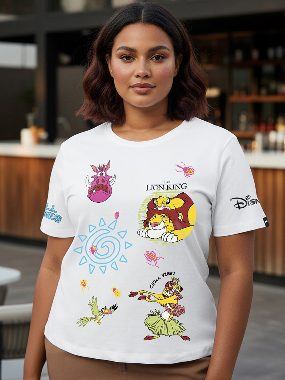 Bewakoof Disney Lion King Women White Chill Vibes Graphic Printed Plus Size T-shirt