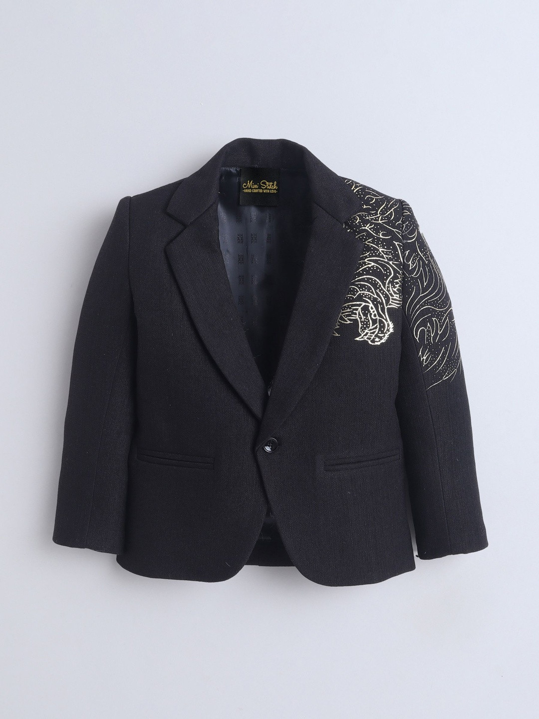 Ministitch Boys Black Printed Single-Breasted Cotton Blazers