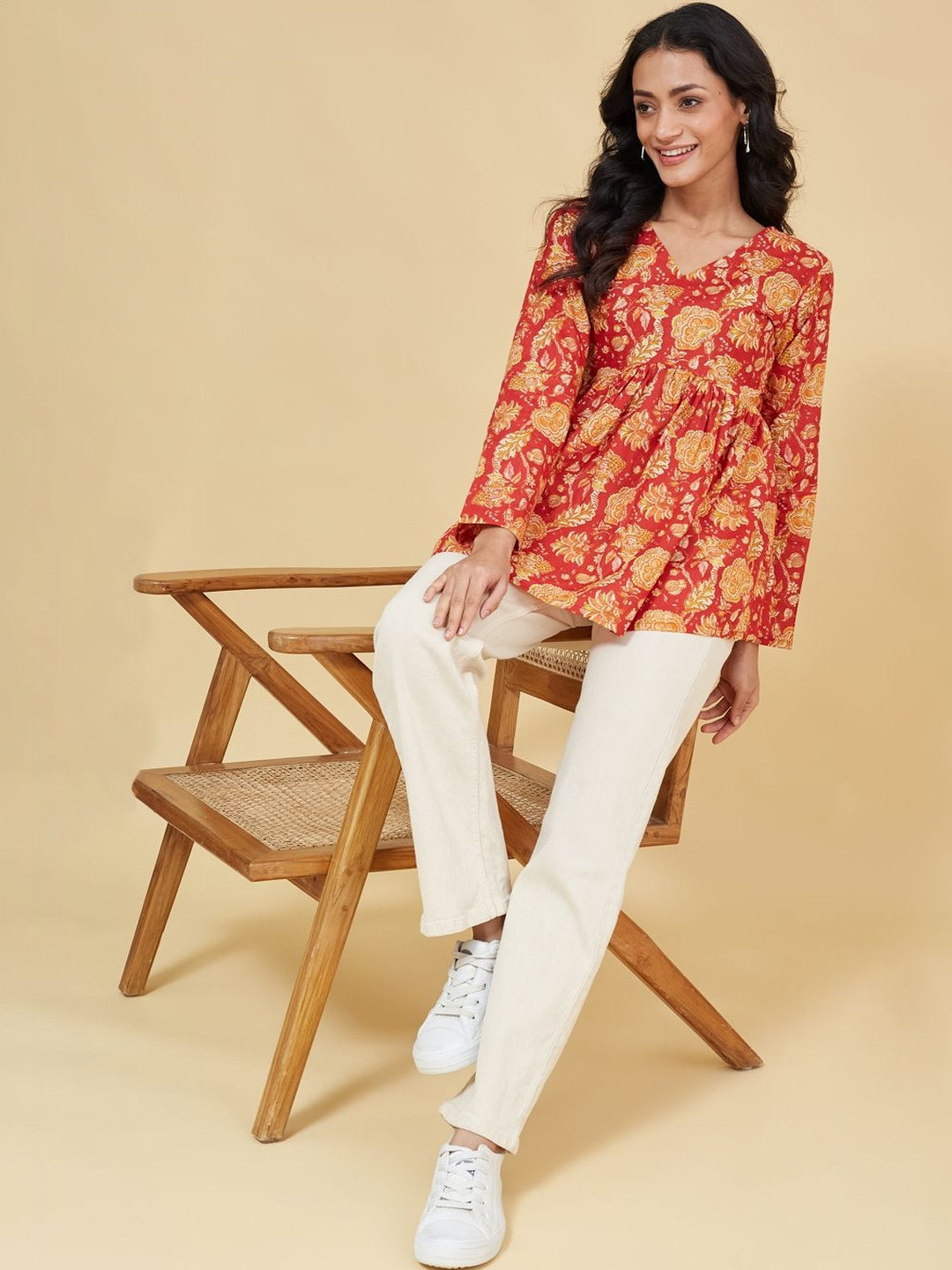 AKSHADEEP Floral Print Cotton Peplum Top