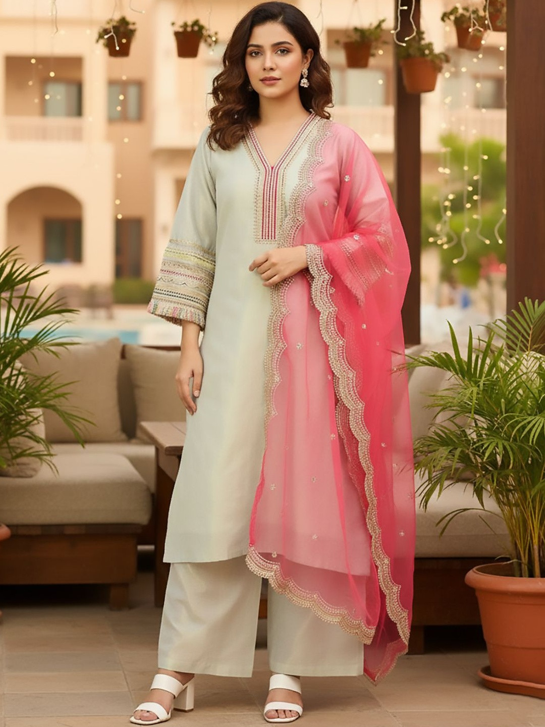 House of Pataudi Embroidered Lace Detail Kurta & Palazzo With Dupatta