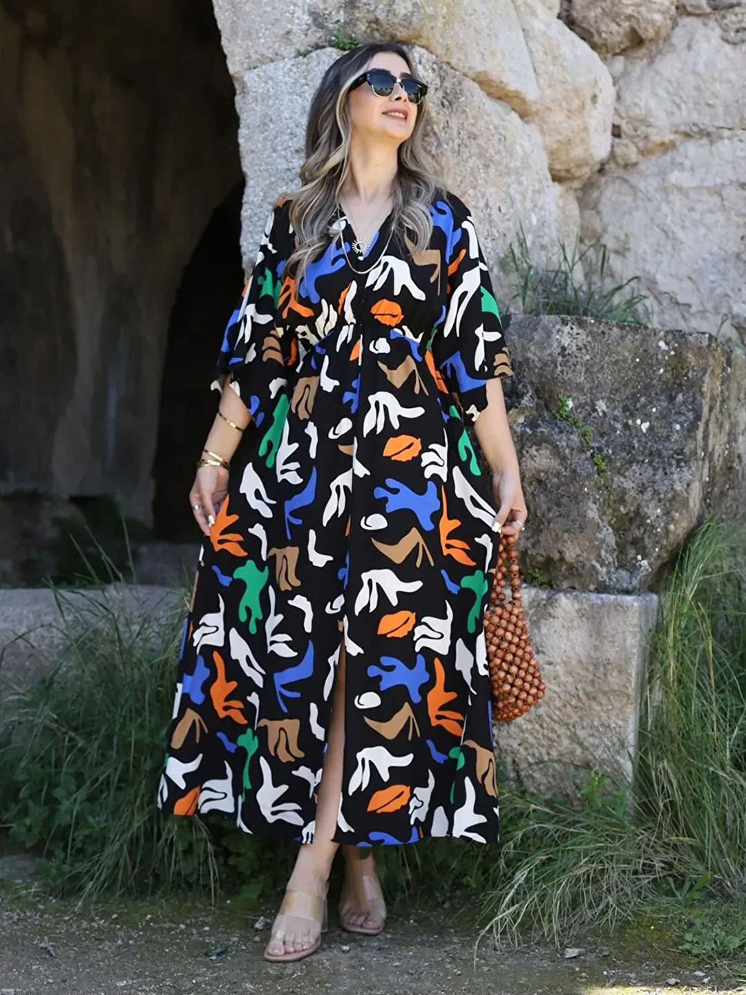 MANOJAVA Women Liva Abstract Printed Slits Kaftan Maxi Dress