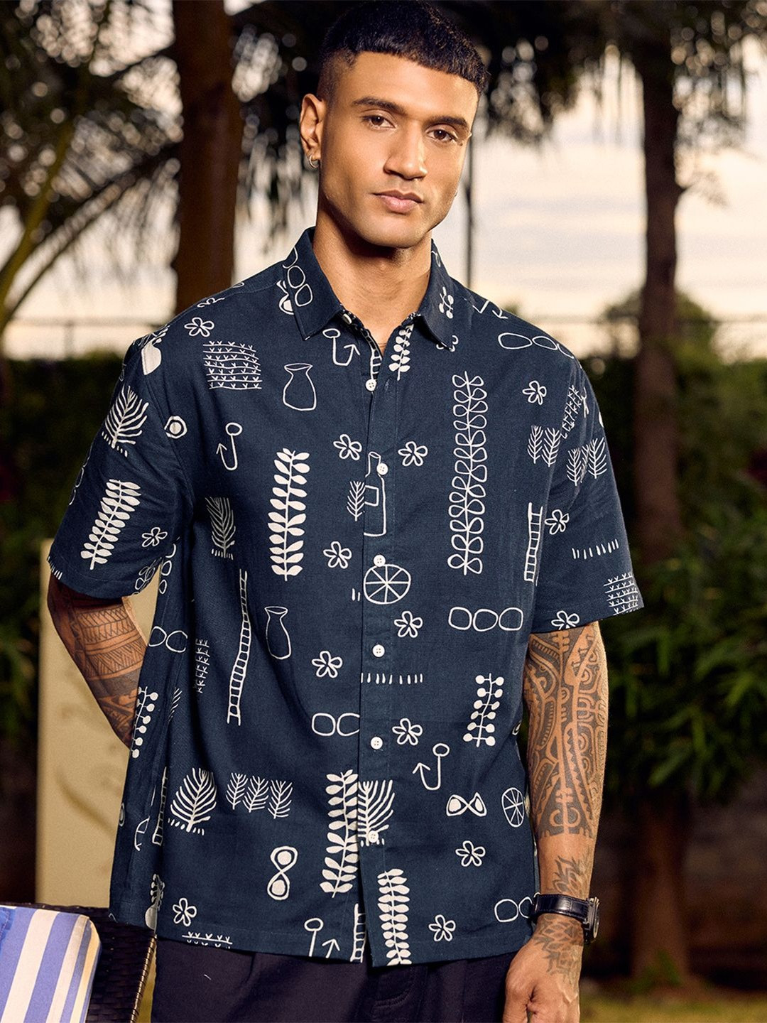 Bewakoof Men's Blue All Over Printed Oversized Cotton Linen Shirt
