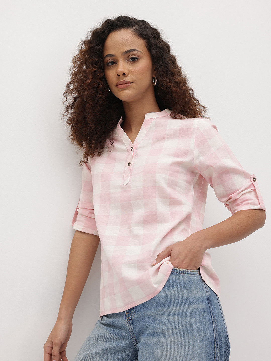 The Roadster Life Co. Checked Mandarin Collar Pure Cotton Shirt Style Top