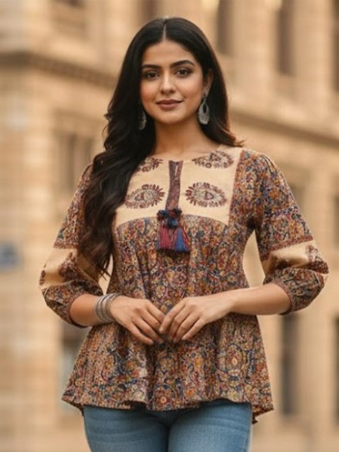 Mustard Floral Print Tie-up Neck Puff Sleeve Peplum Top