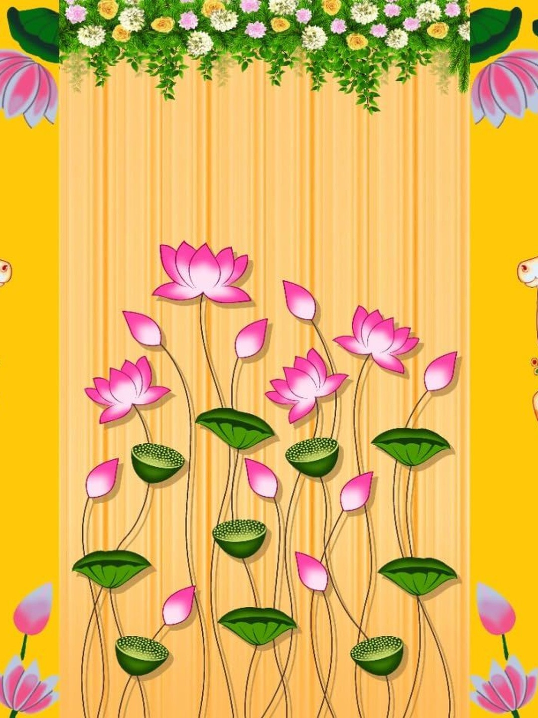 Backdropon Yellow Two Cows With Lotus Flower Design Rectangular Backdrop Festive Decor