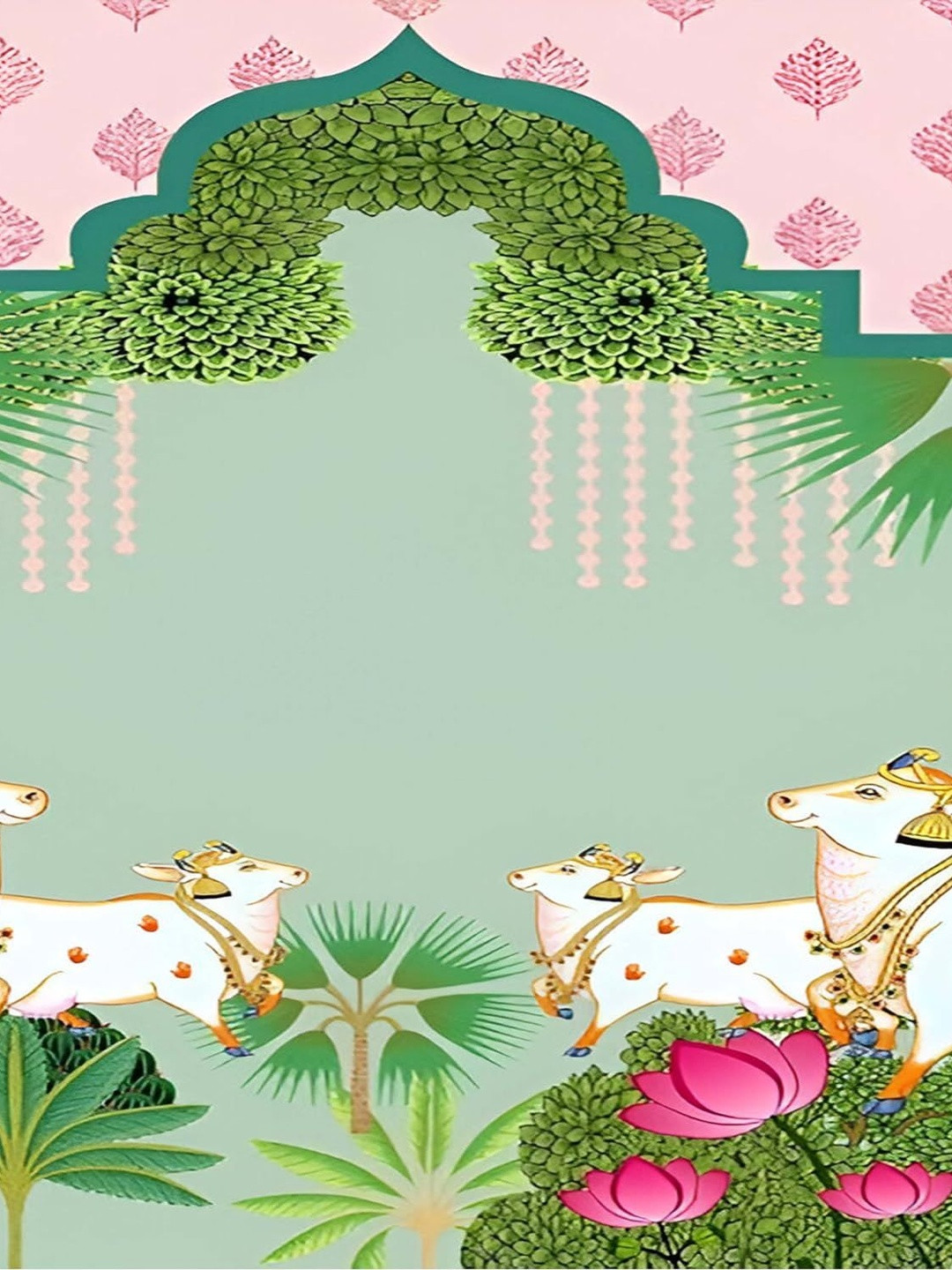 Backdropon Green Holy Cow Kamdhenu Divine Pichwai Rectangular Backdrop Festive Decor