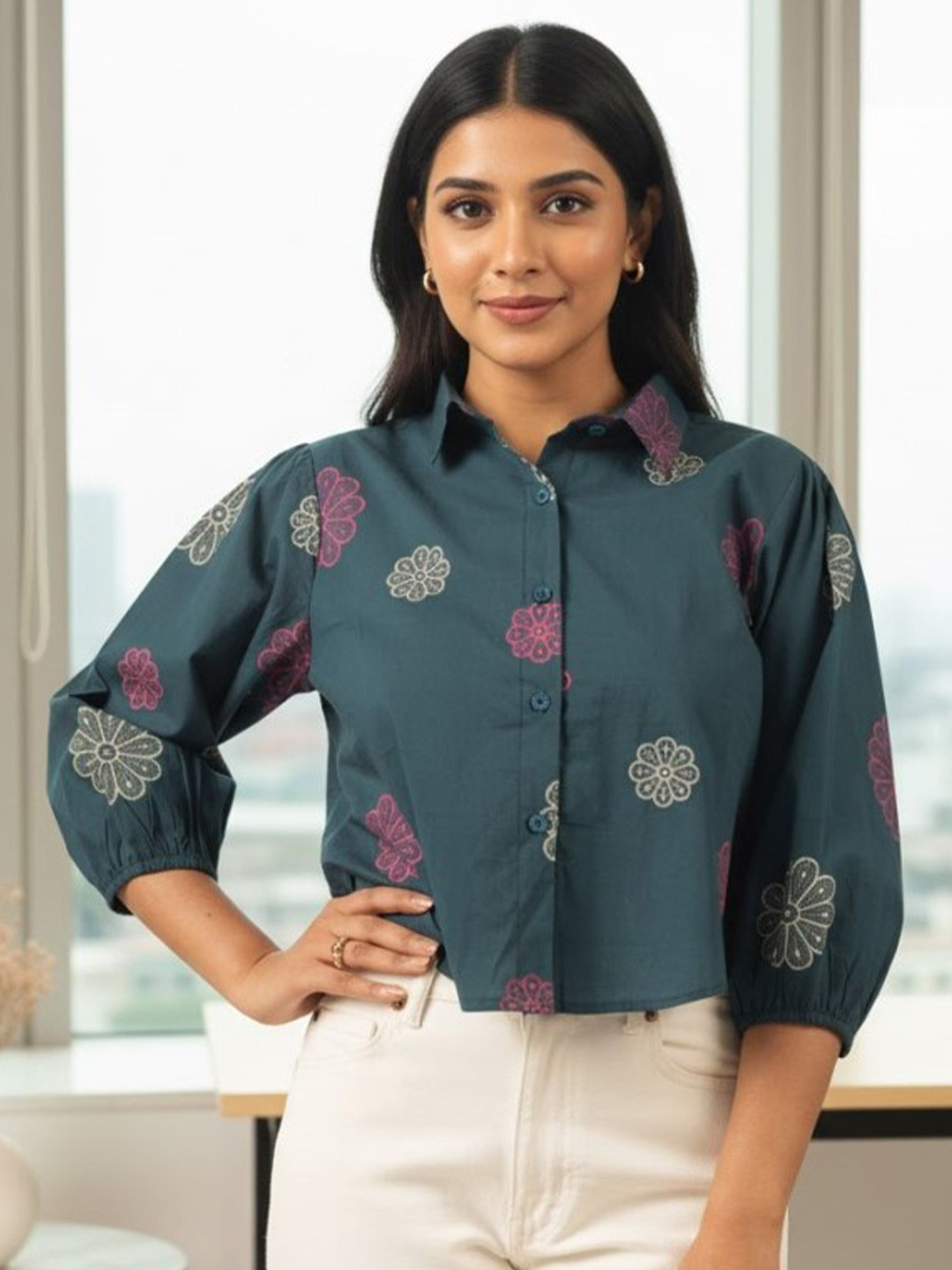 GULMEHAK Women Ethnic Motifs Printed Puff Sleeve Cotton Shirt Style Crop Top