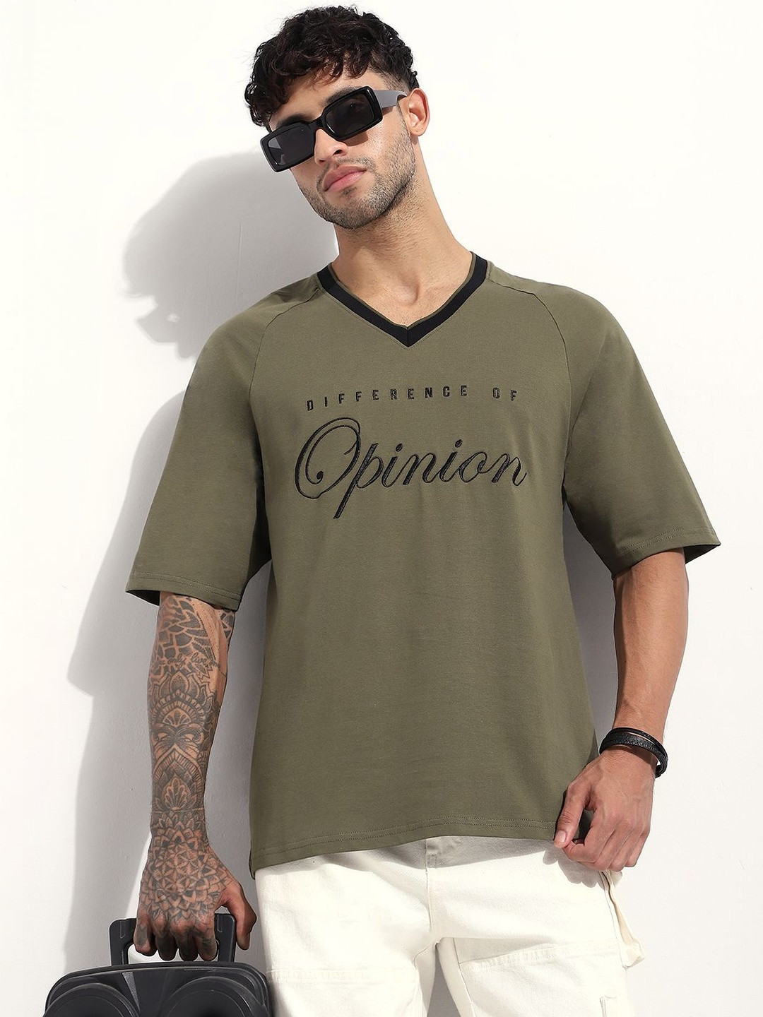 Difference of Opinion Men Embroidered V-Neck Oversized T-shirt