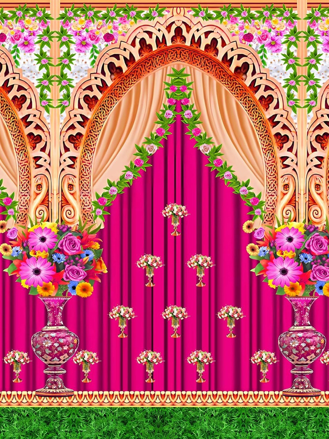 Backdropon Pink & Green Decorative Flower Design Rectangular Backdrop Festive Decor