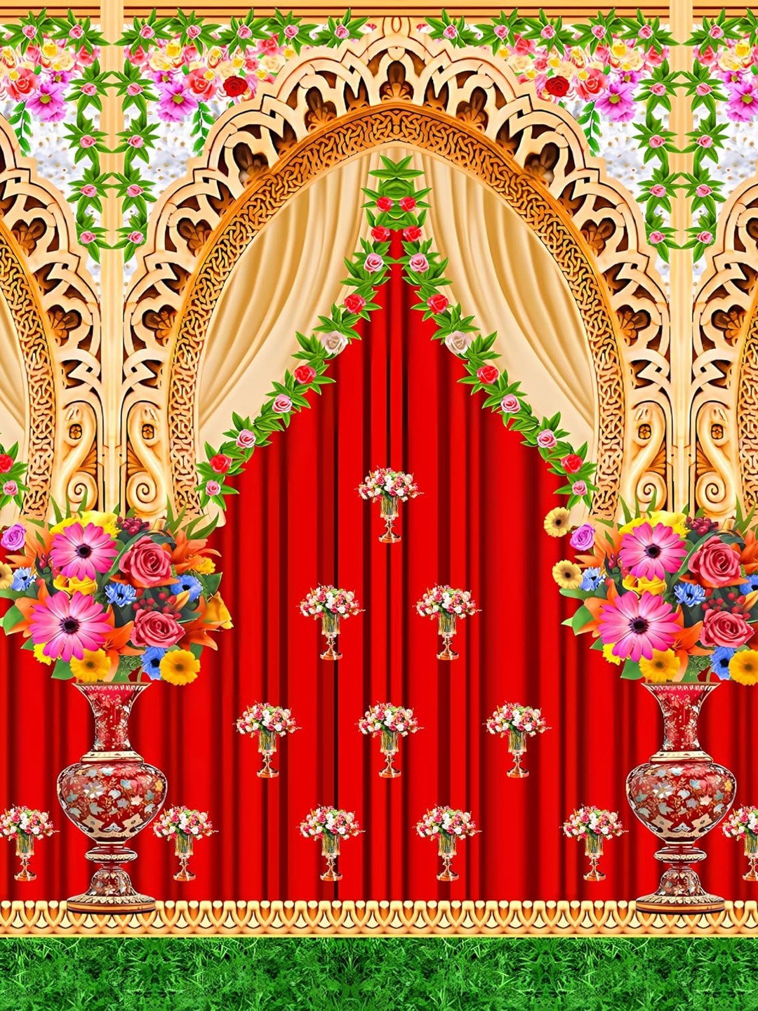Backdropon Red & Green Decorative Flower Design Rectangular Backdrop Festive Decor