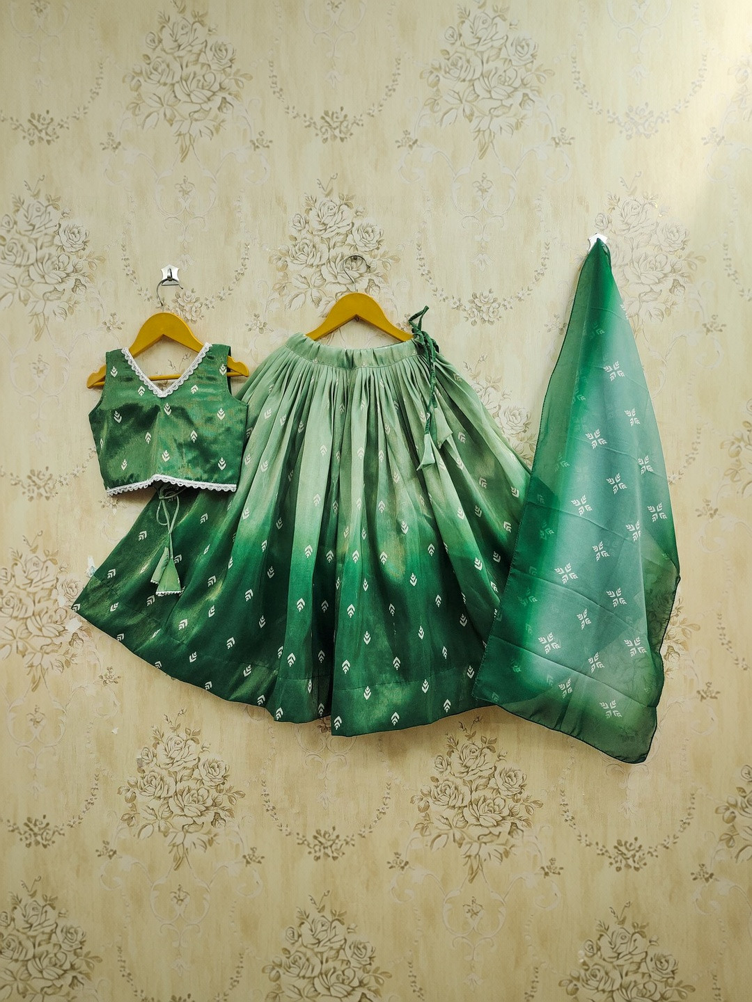 Sangria Girls Printed Silk Chiffon V-Neck Flared Lehenga Choli