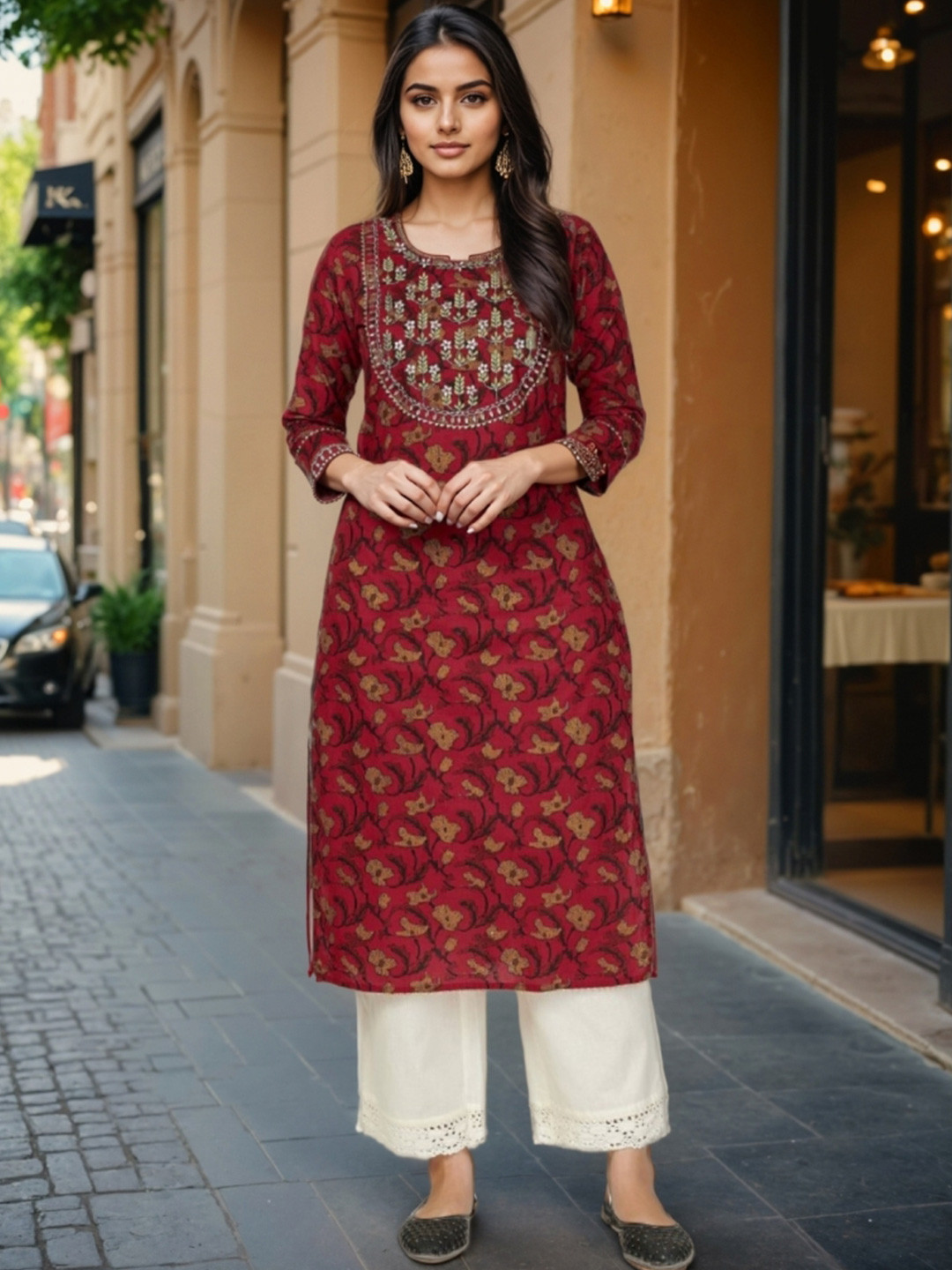 GULMEHAK Women Floral Printed Round Neck Gotta Patti Cotton Straight Kurta