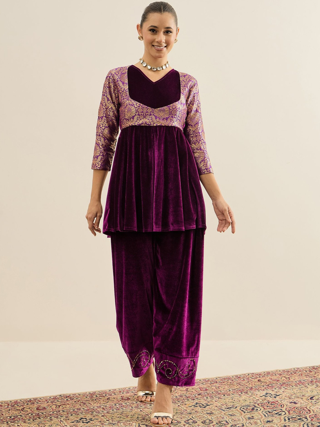 Antheaa Brocade V-Neck Velvet Tunic & Velvet Trousers Co-Ords