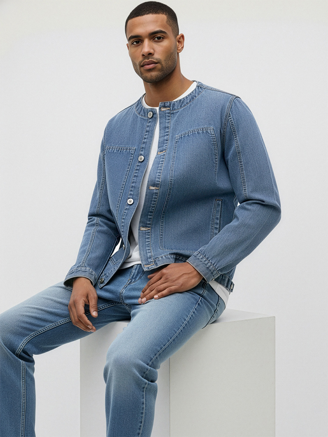 ether Collarless Denim Jacket