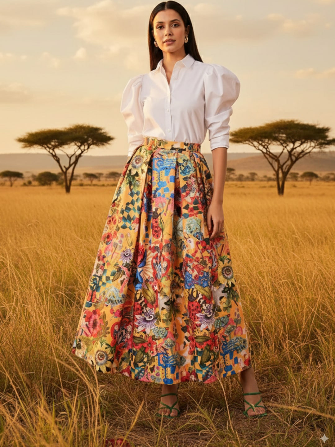 Uptownie Linen Poplin Box Pleated Midi Skirt