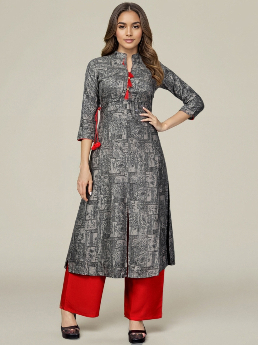 GULMEHAK Printed Regular Mandarin Collar A-Line Kurta With Palazzos