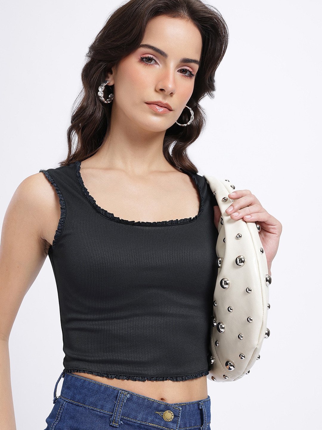 glitchez Ribbed Fitted Ruffle Detail Scoop Neck Crop Tank Top