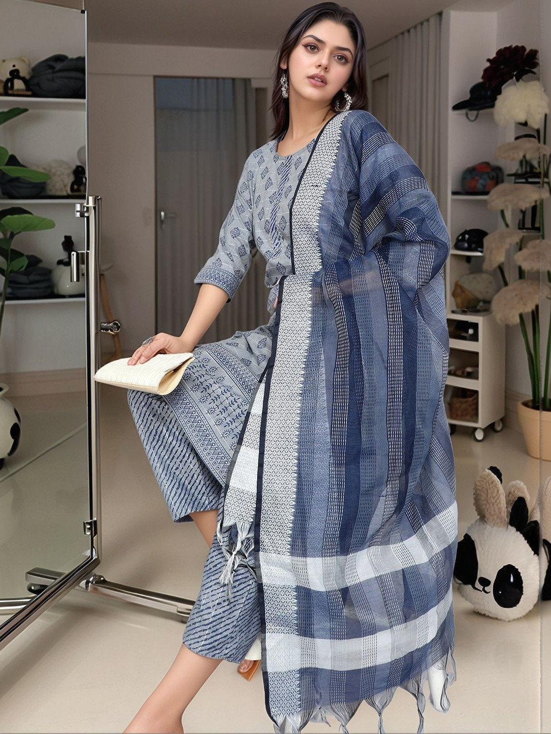 Anouk Rustic Women Printed Regular Pure Cotton Kurta with Trousers & With Dupatta