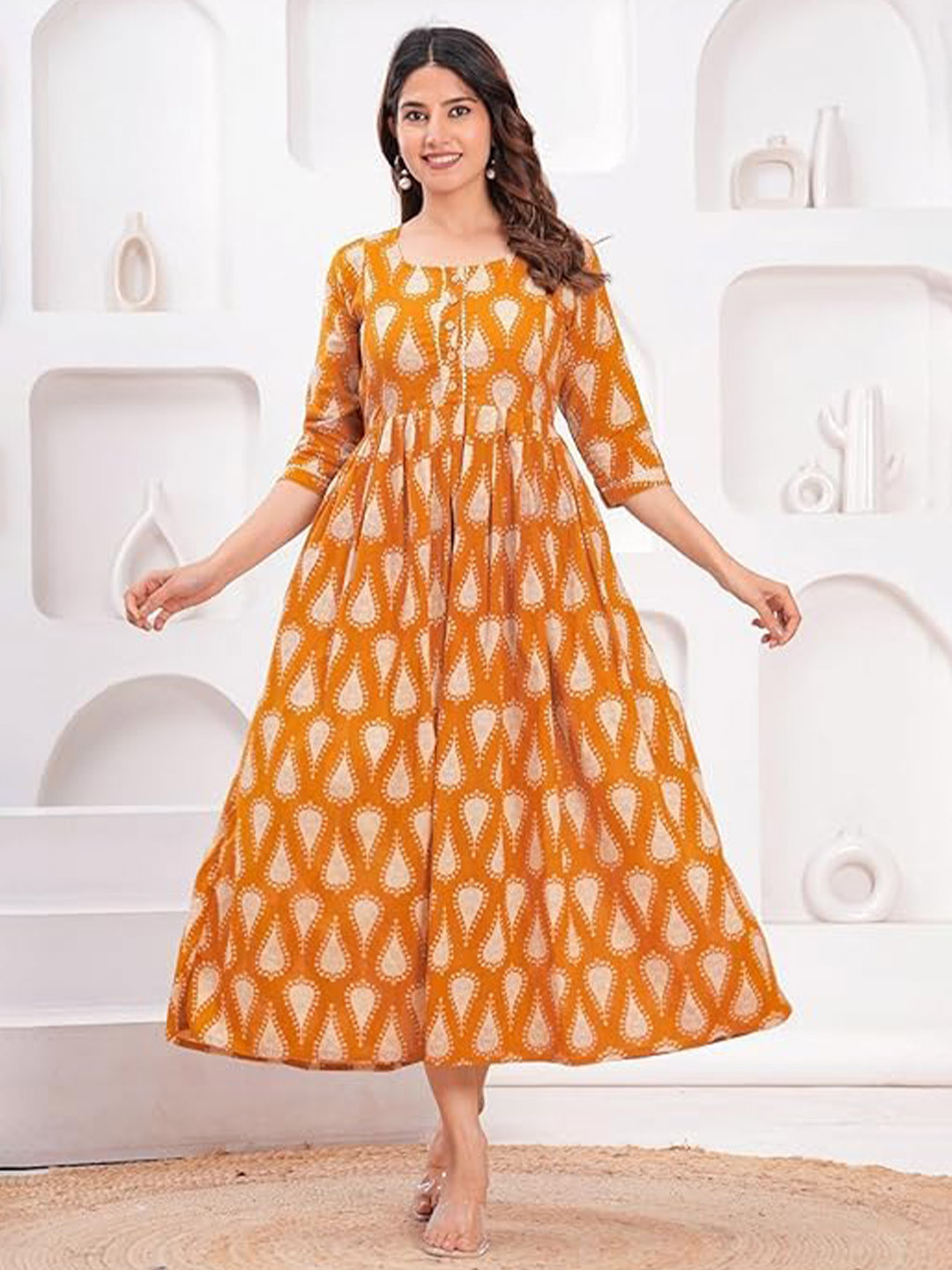 ANUOM Ethnic Motifs Print Fit & Flare Midi Dress