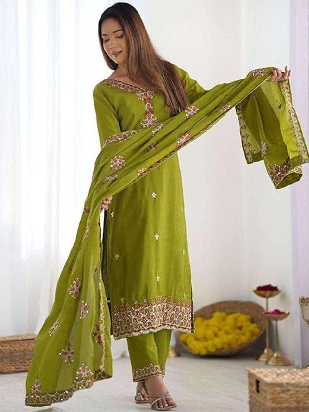 ZONFAB Women Ethnic Motifs Embroidered Regular Thread Work Kurta with Trousers & With Dupatta